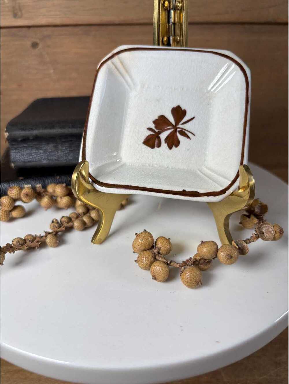 Antique Ironstone Butter Pat with Copper Tea Leaf Pattern Square Shape